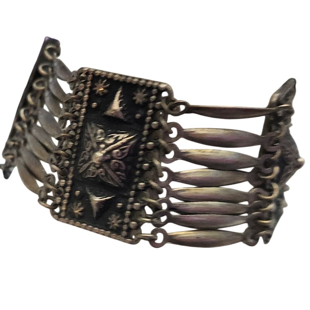 Vtg Mexican Silver Triangle Detail  Panel Bracelet